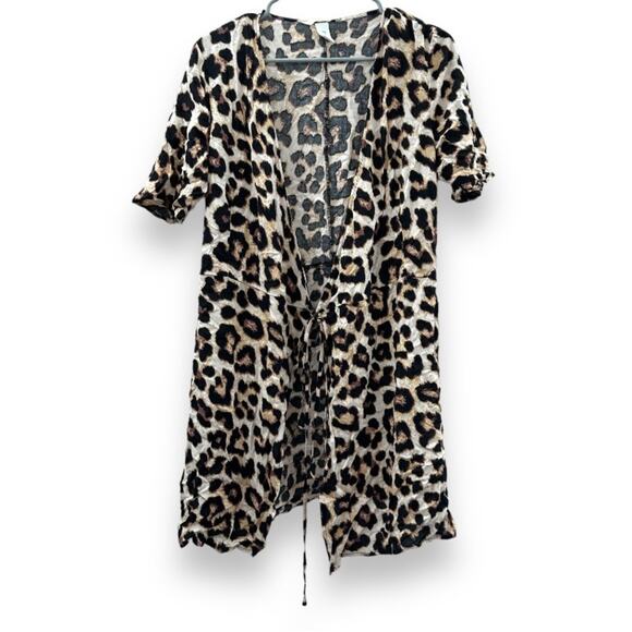 H&M Tan & Black Cheetah Print Short Sleeve Tie Top Cardigan Size‎ M - Picture 1 of 6